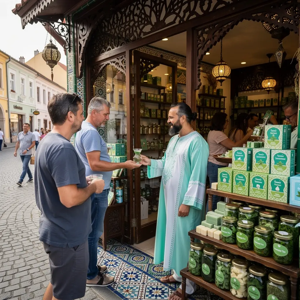 Színes marokkói kerámia edények menta ábrázolással.