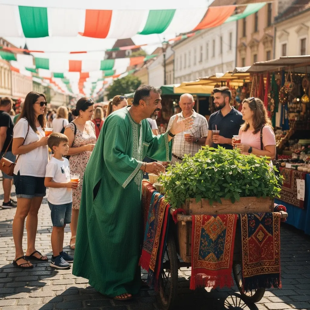 Színes cserépben nővő menta növény a napfényben.