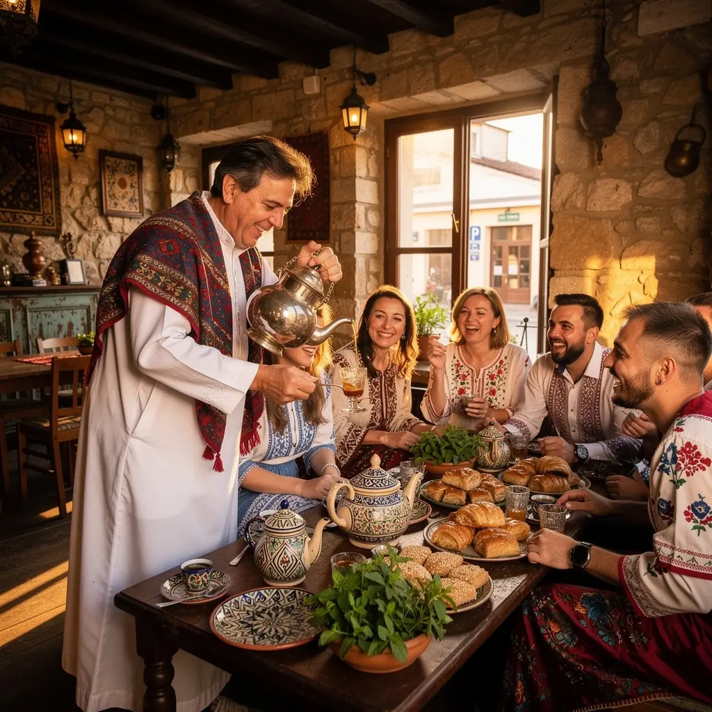 Hagyományos marokkói piros cserépkályha, mellette mentás ital.